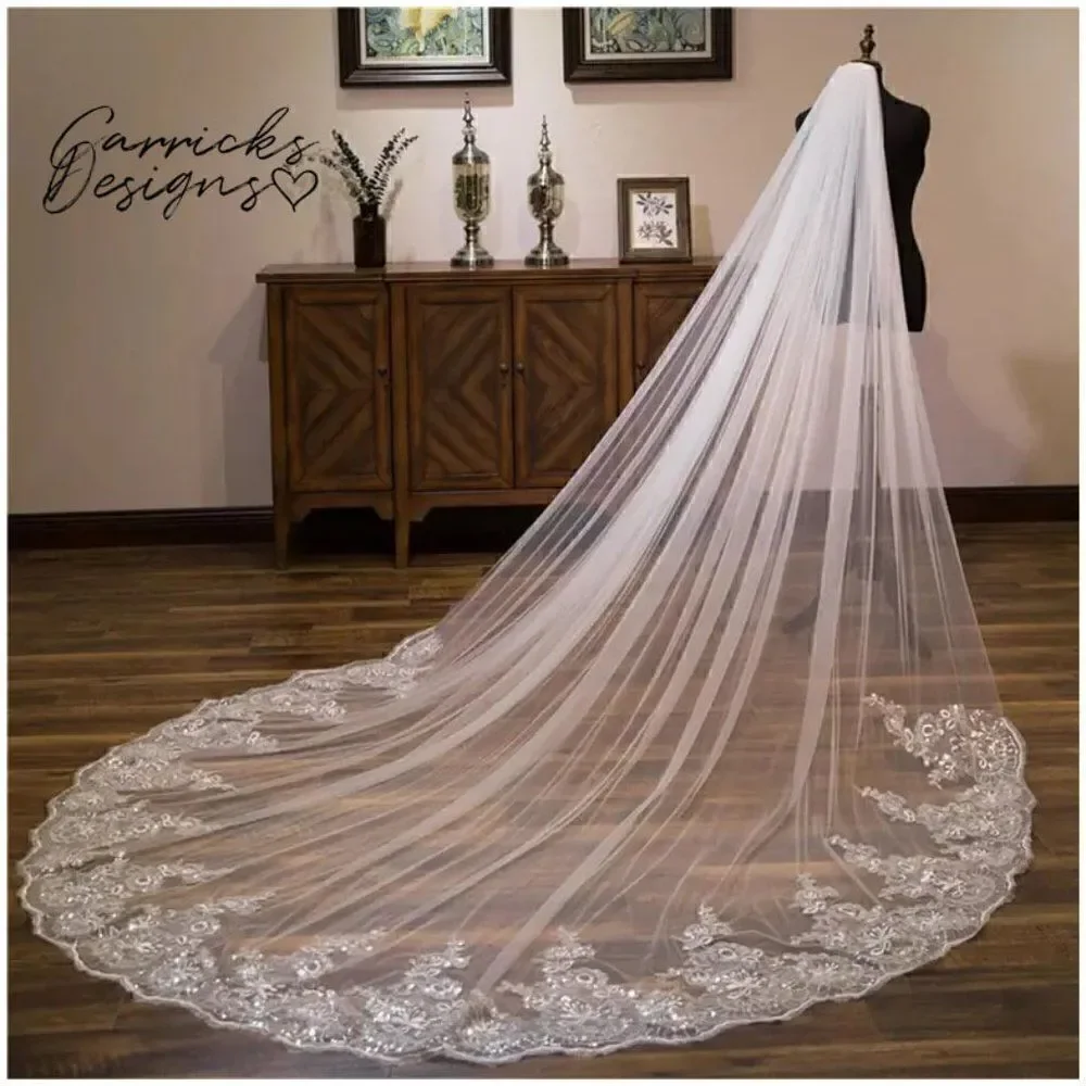 Floral and Sequin Cathedral Bridal Wedding Veil With Comb Ivory Veil White Veil